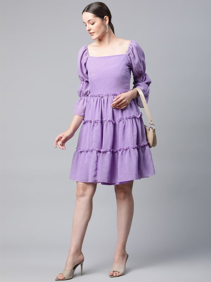 plusS Lavender Self Design Bell Sleeves A-Line Tiered Dress