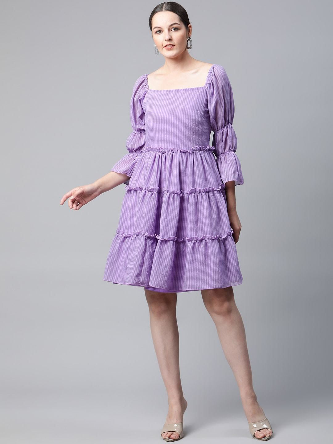 plusS Lavender Self Design Bell Sleeves A-Line Tiered Dress