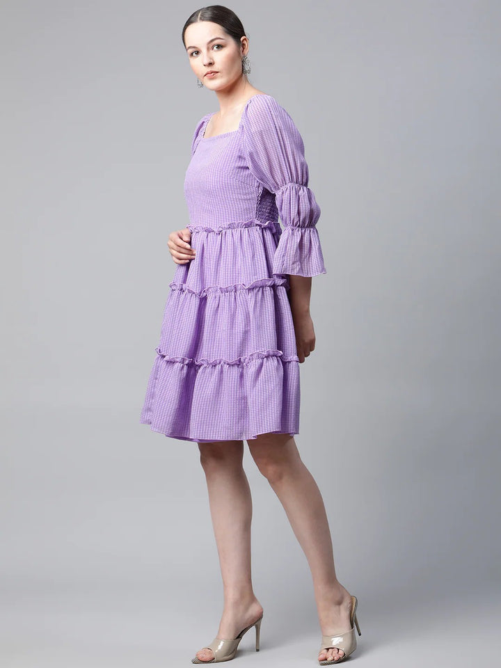 plusS Lavender Self Design Bell Sleeves A-Line Tiered Dress