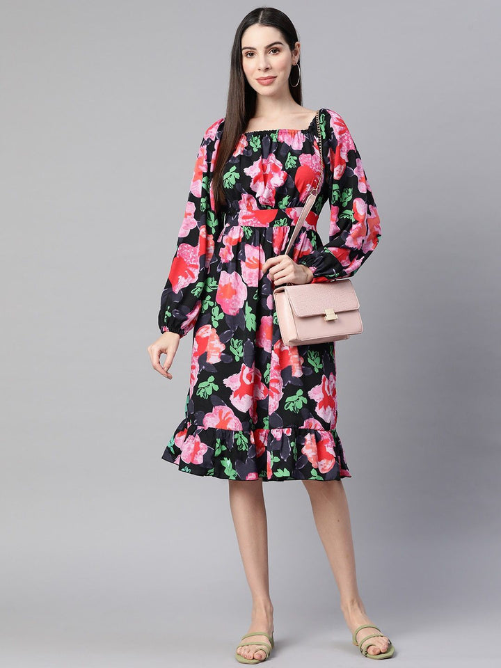 plusS Black Floral Printed Fit  Flare Dress