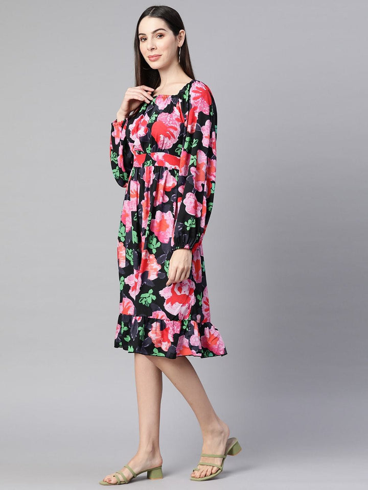 plusS Black Floral Printed Fit  Flare Dress