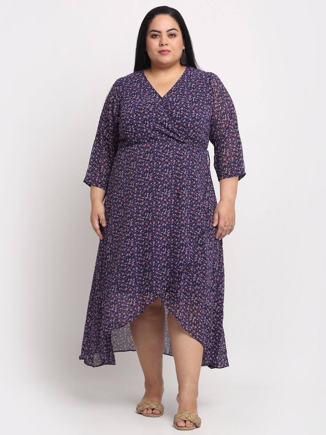 plusS Women Plus Size Navy Blue  Pink Floral Printed Wrap Tulip Hemline Maxi Dress