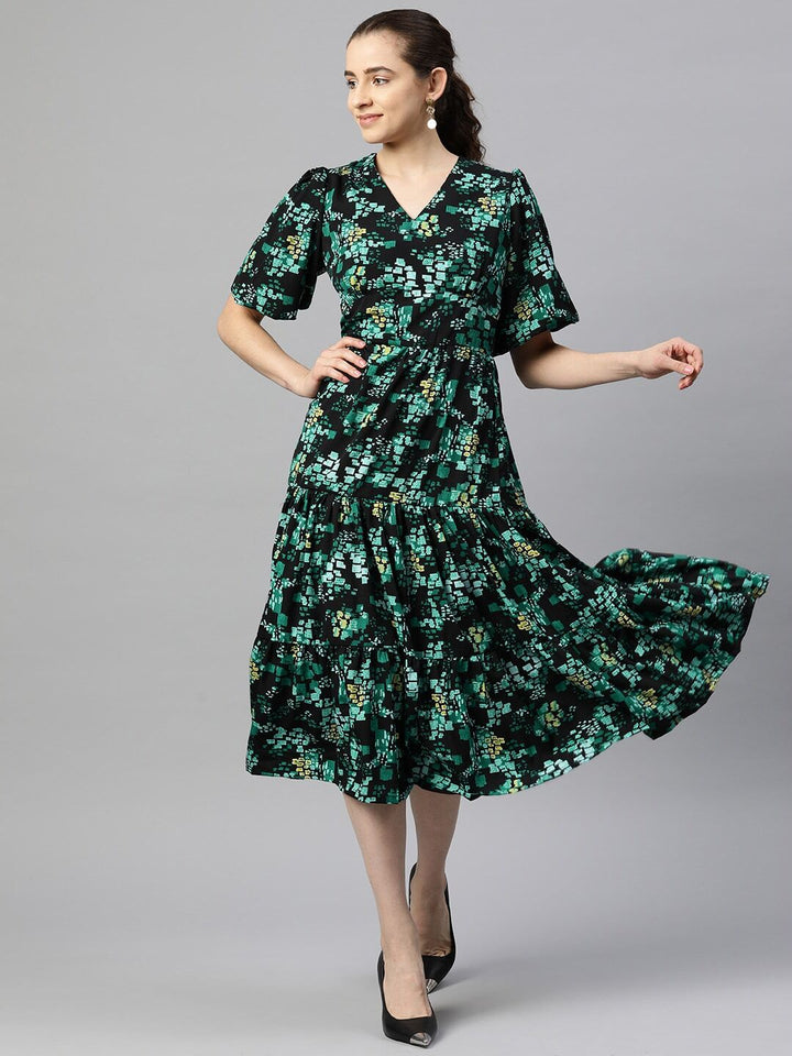 plusS Floral Print Puff Sleeve Fit  Flare Midi Dress