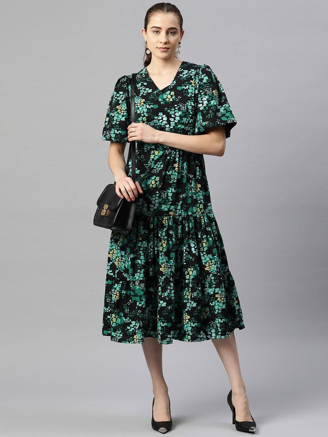 plusS Floral Print Puff Sleeve Fit  Flare Midi Dress