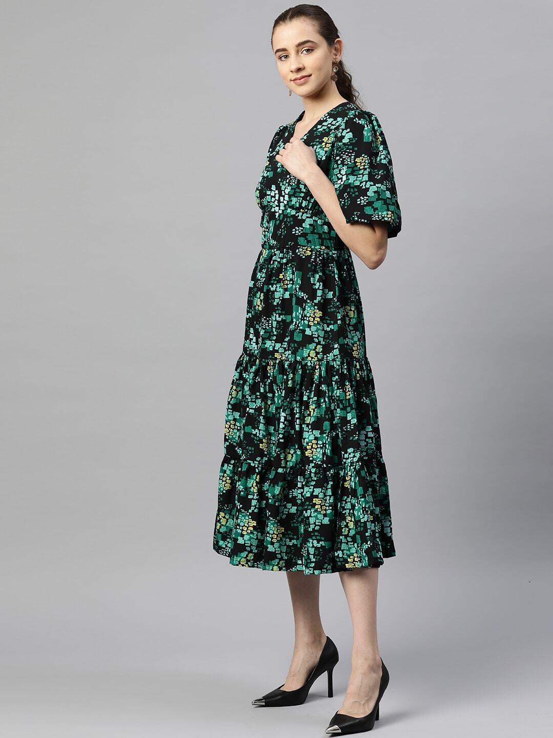 plusS Floral Print Puff Sleeve Fit  Flare Midi Dress