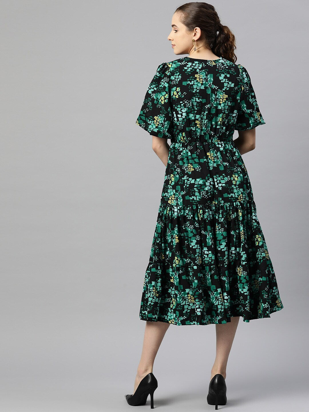 plusS Floral Print Puff Sleeve Fit  Flare Midi Dress