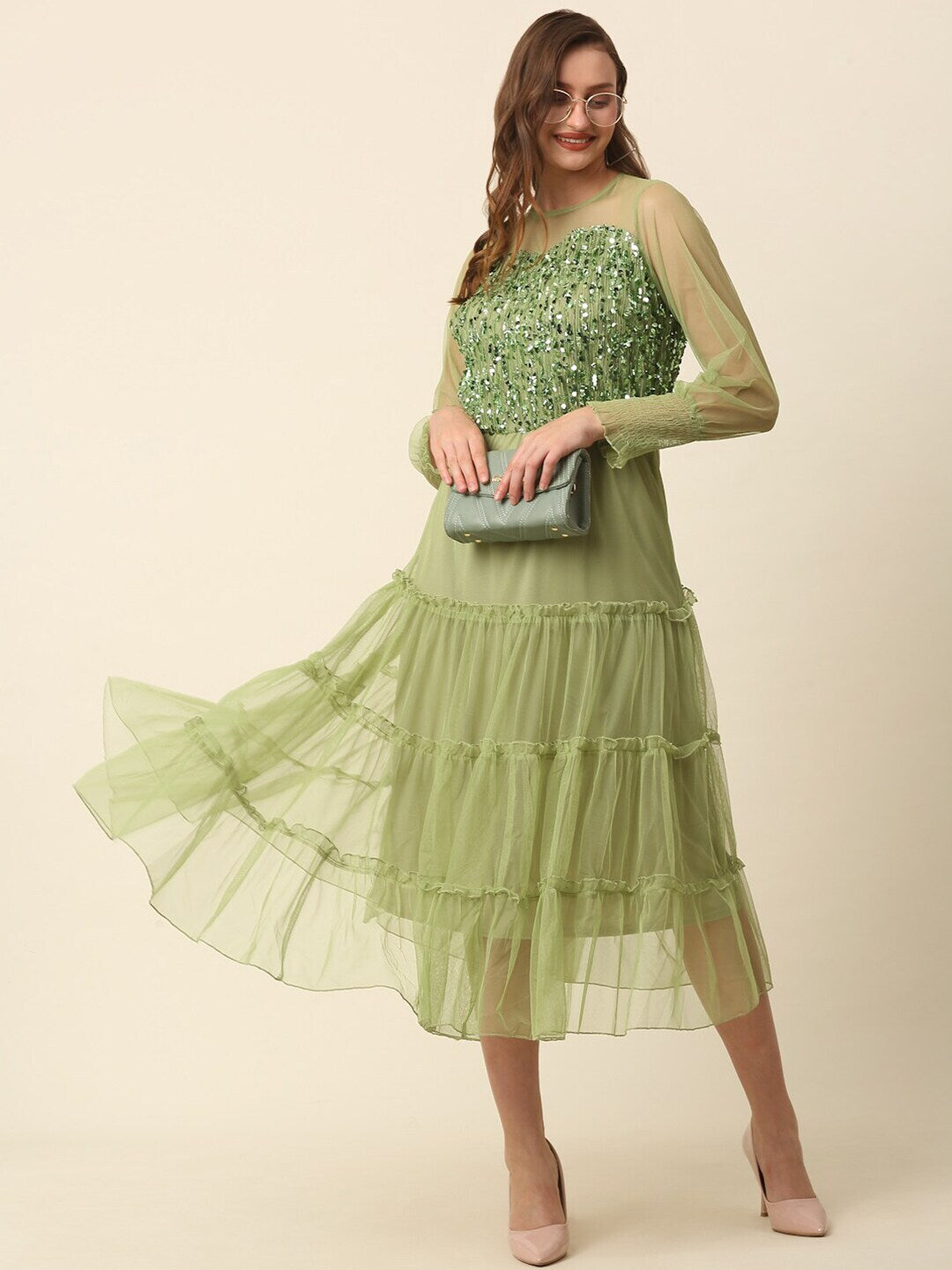 plusS Green Tiered Sequinned Fit  Flare Midi Dress