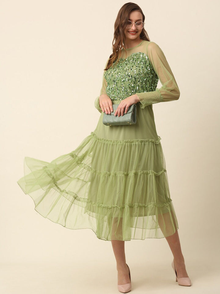 plusS Green Tiered Sequinned Fit  Flare Midi Dress