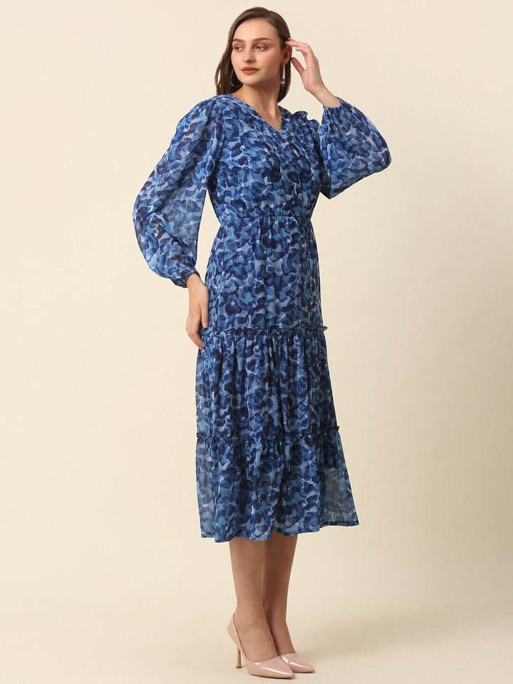 plusS Blue Abstract Printed Puff Sleeve Tiered Fit  Flare Midi Dress