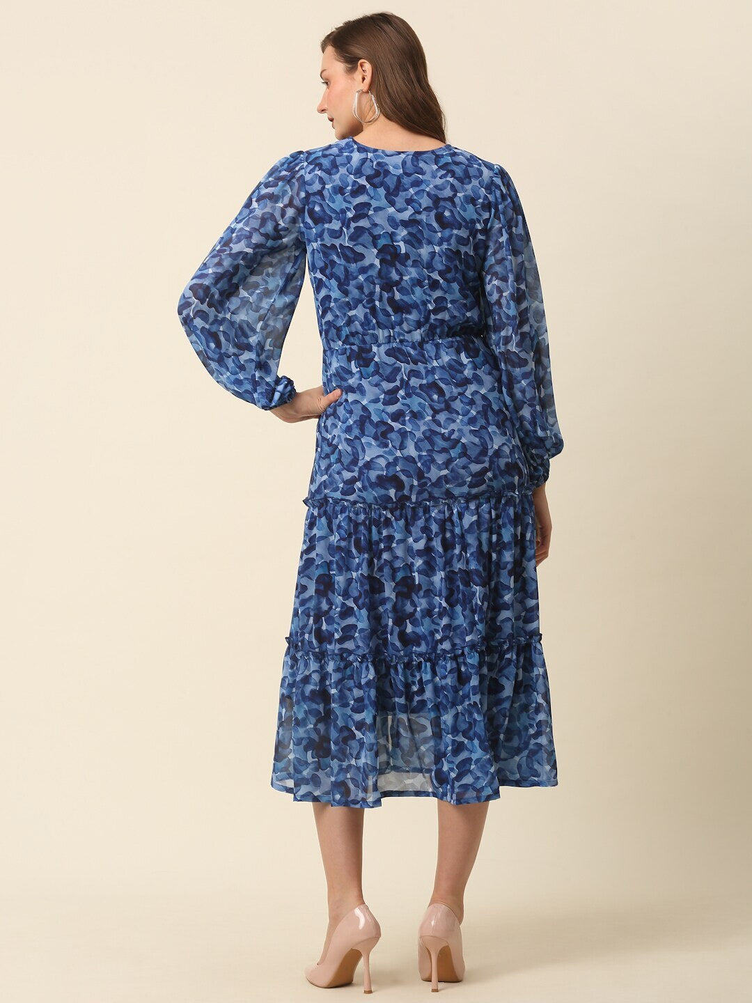 plusS Blue Abstract Printed Puff Sleeve Tiered Fit  Flare Midi Dress