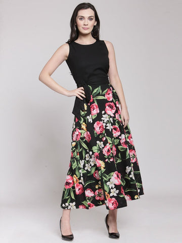 plusS Women Black  Pink Floral Print Fit  Flare Dress