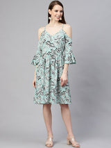 plusS Women Sea Green  White Floral Print A-Line Dress