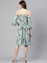 plusS Women Sea Green  White Floral Print A-Line Dress
