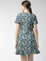 plusS Women Sea Green  Blue Floral Printed A-Line Dress