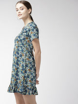 plusS Women Sea Green  Blue Floral Printed A-Line Dress