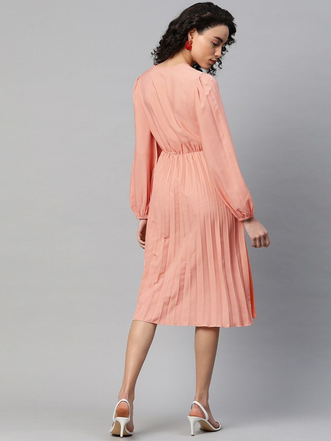 plusS Women Peach-Coloured Accordion Pleated Solid Wrap Dress