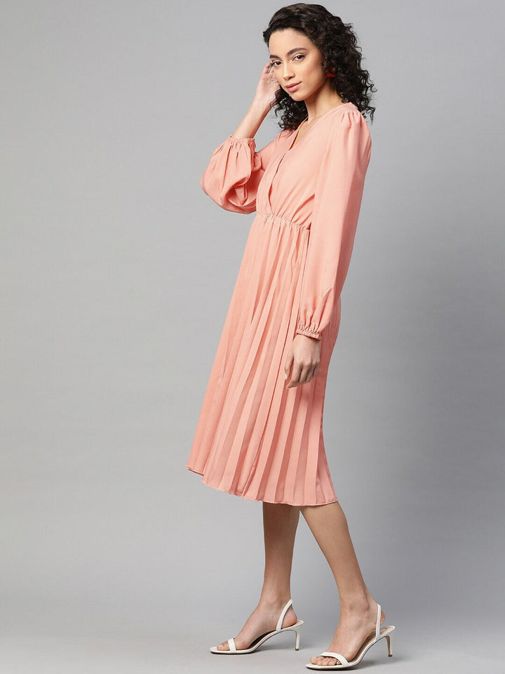 plusS Women Peach-Coloured Accordion Pleated Solid Wrap Dress