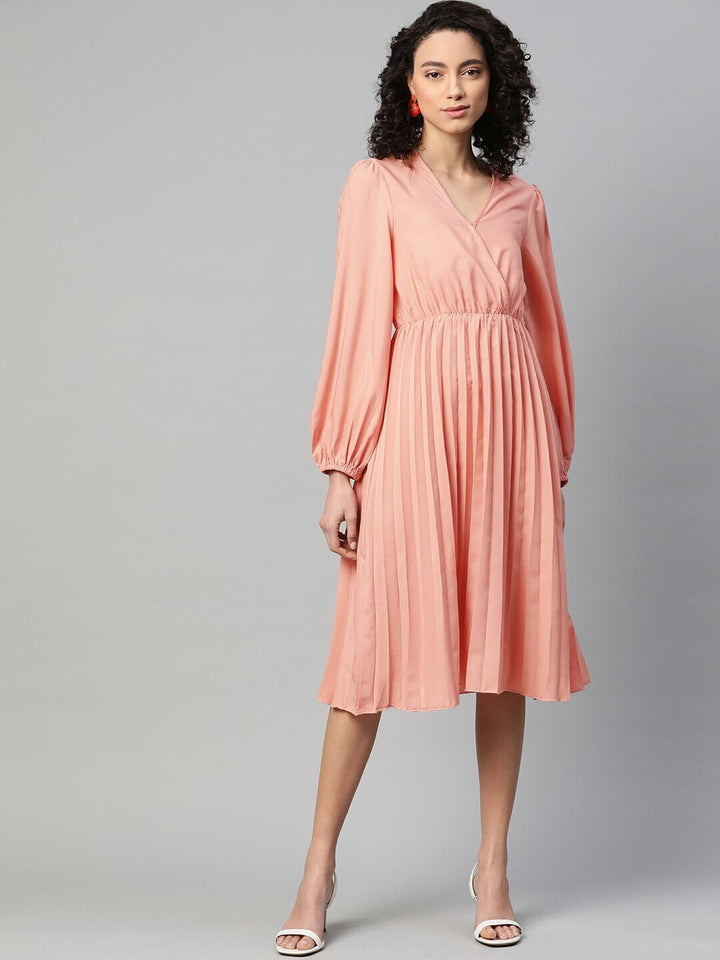 plusS Women Peach-Coloured Accordion Pleated Solid Wrap Dress