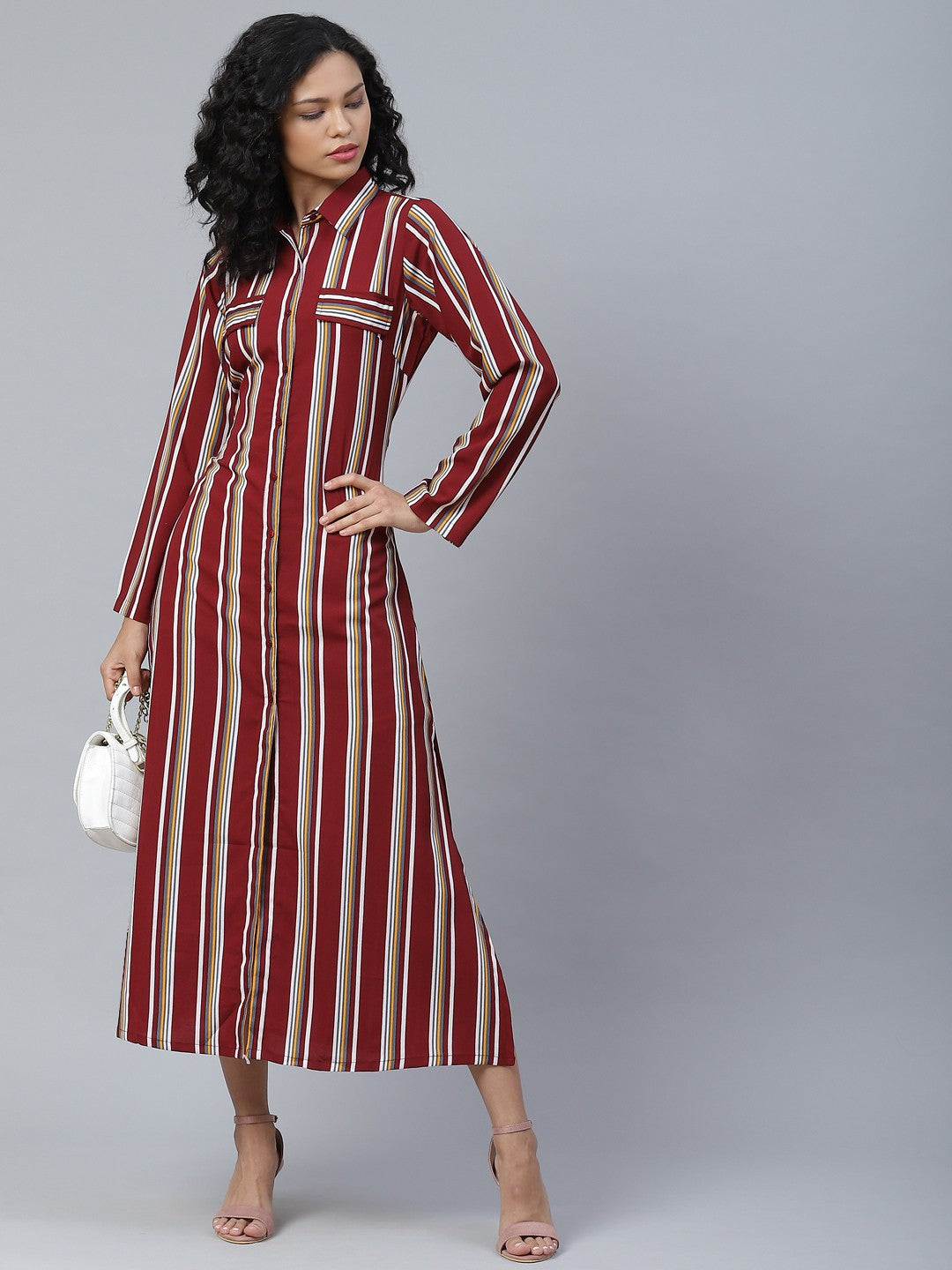 plusS Classy Maroon and Off-White Striped Shirt Dress