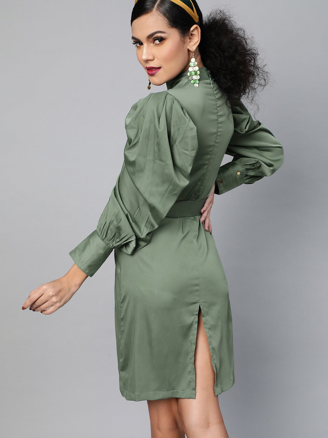 plusS Tranquil Green Solid Power Shoulders A-Line Dress