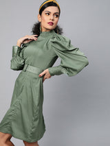 plusS Tranquil Green Solid Power Shoulders A-Line Dress