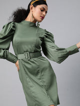 plusS Tranquil Green Solid Power Shoulders A-Line Dress