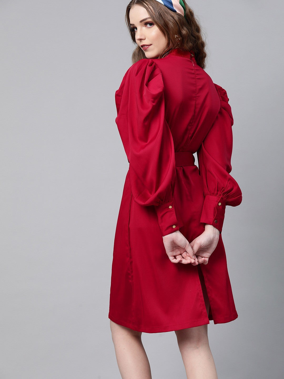 plusS Trendy Maroon Solid Power Shoulders A-Line Dress