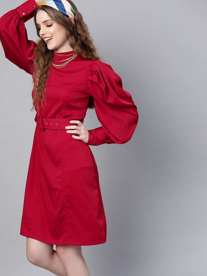 plusS Trendy Maroon Solid Power Shoulders A-Line Dress