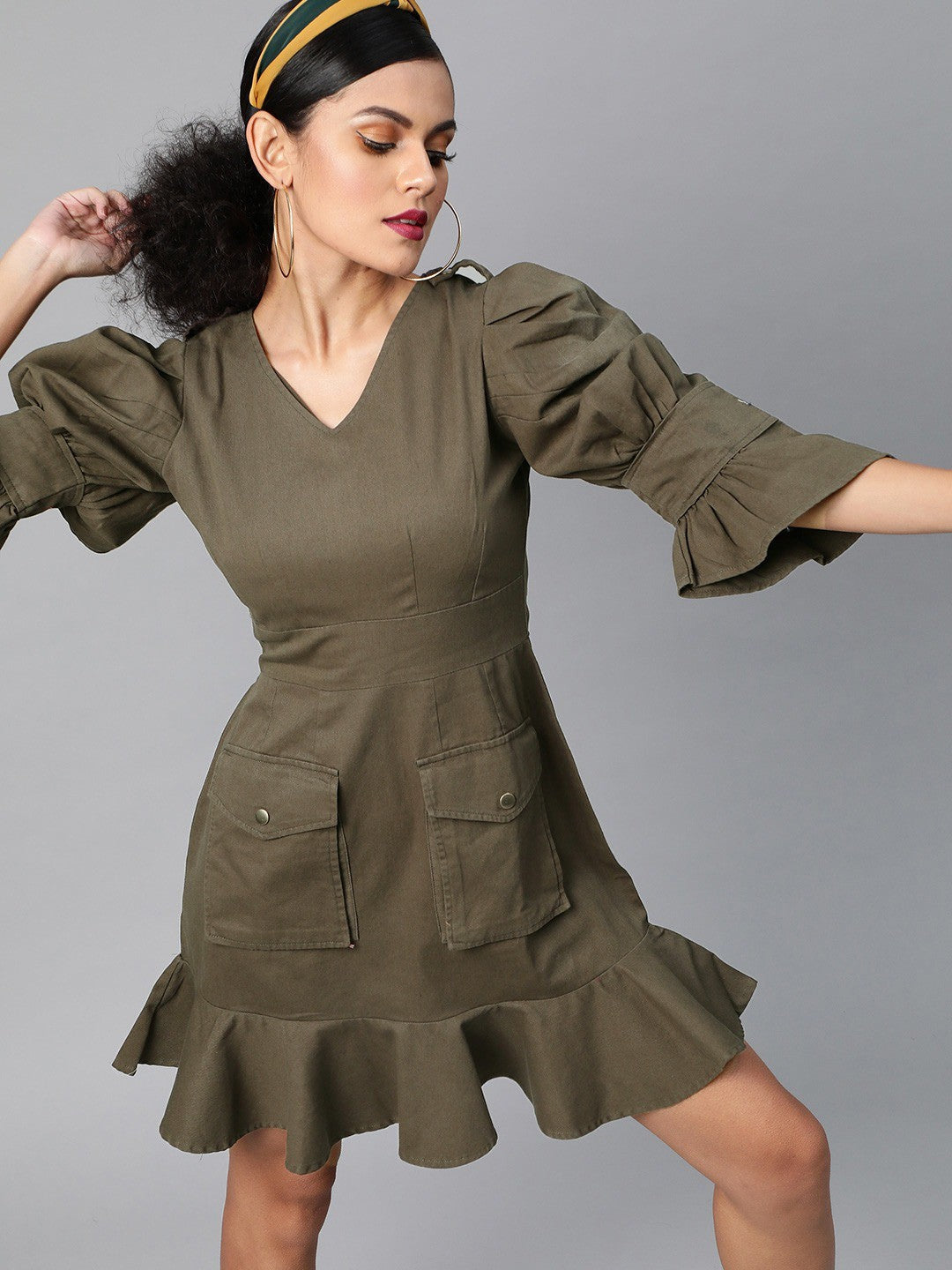 plusS Olive Green Power Shoulders A-Line Dress