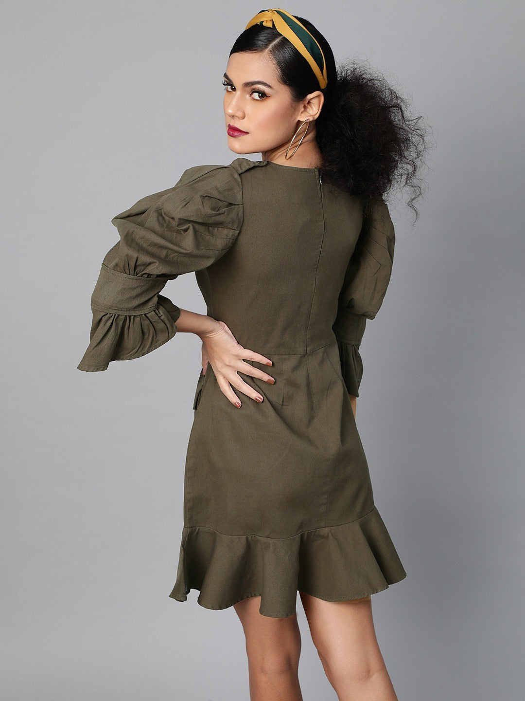 plusS Olive Green Power Shoulders A-Line Dress