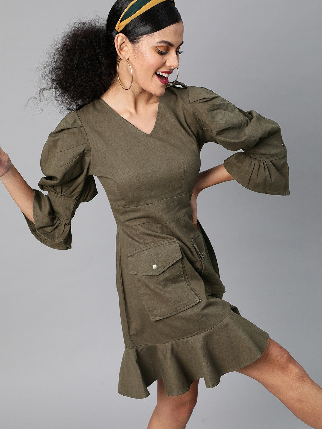 plusS Olive Green Power Shoulders A-Line Dress