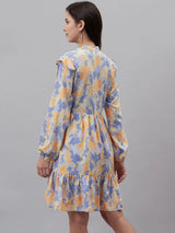 plusS Blue  Peach-Coloured Printed A-Line Dress