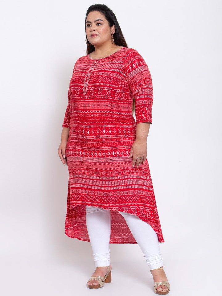 plusS Women Red Tribal Printed Kurta