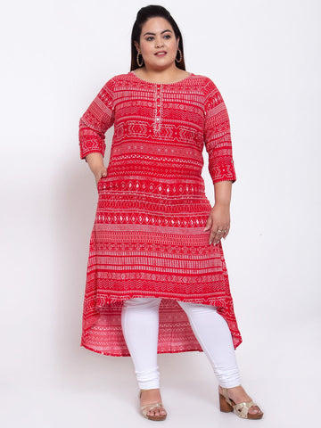 plusS Women Red Tribal Printed Kurta