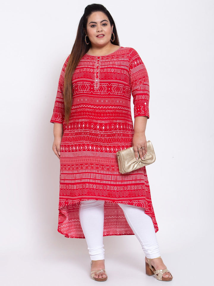 plusS Women Red Tribal Printed Kurta