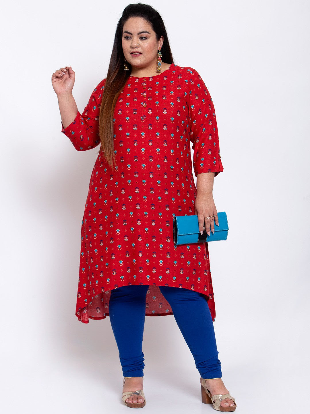 plusS Women Red Geometric Printed Flared Sleeves Mirror Work Kurta