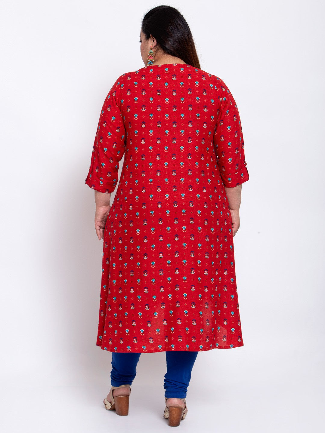 plusS Women Red Geometric Printed Flared Sleeves Mirror Work Kurta