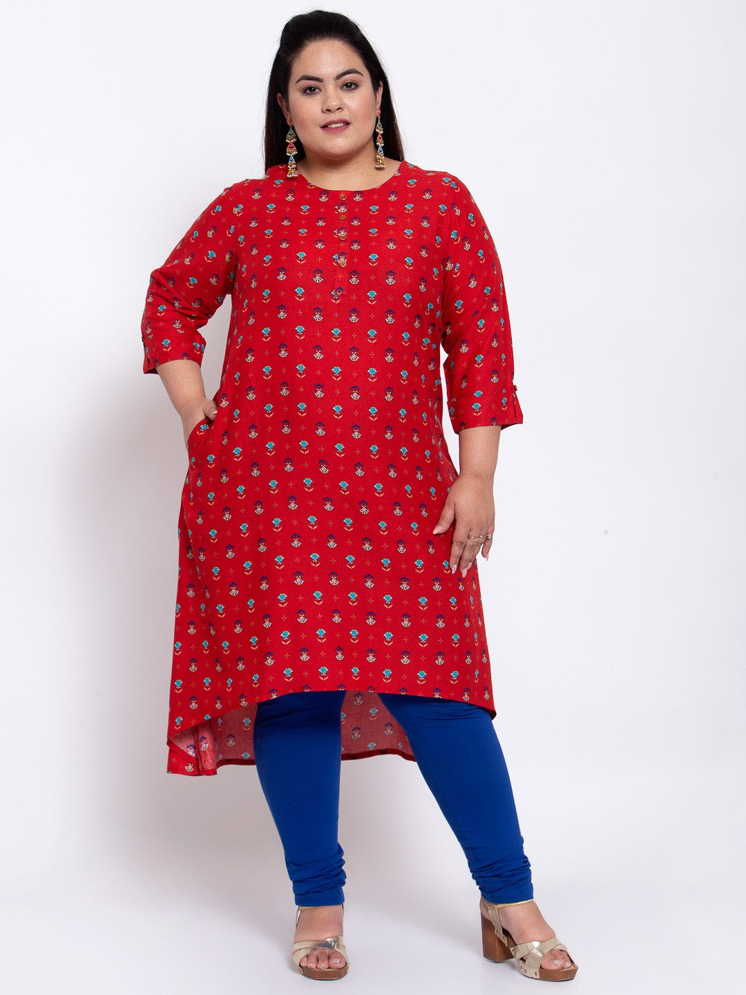 plusS Women Red Geometric Printed Flared Sleeves Mirror Work Kurta