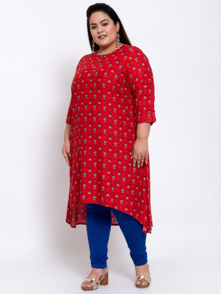 plusS Women Red Geometric Printed Flared Sleeves Mirror Work Kurta