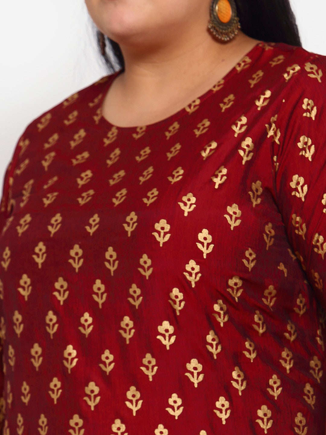 plusS Women Maroon Ethnic Motifs Embroidered Thread Work Kurta
