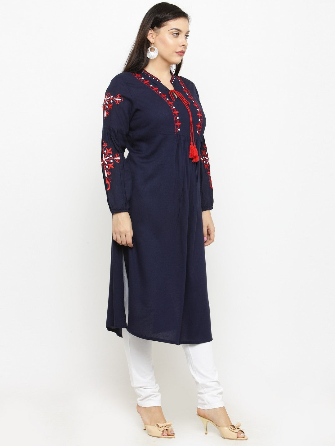 plusS Women Navy Blue Woven Design A-Line Kurta