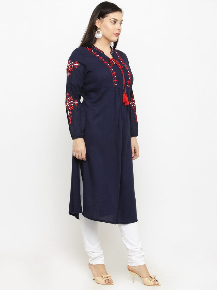 plusS Women Navy Blue Woven Design A-Line Kurta