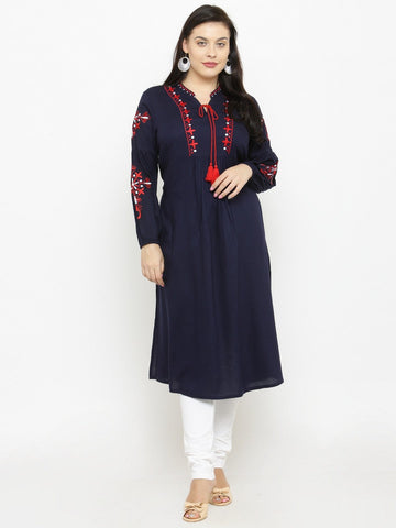 plusS Women Navy Blue Woven Design A-Line Kurta