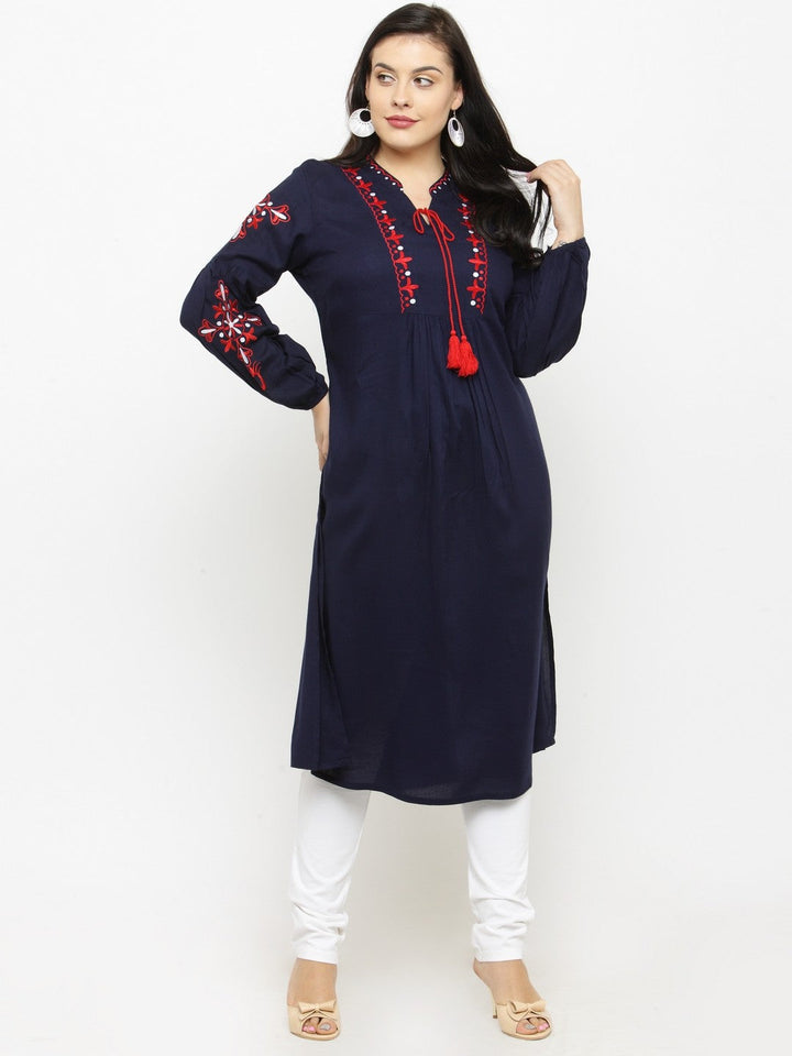 plusS Women Navy Blue Woven Design A-Line Kurta