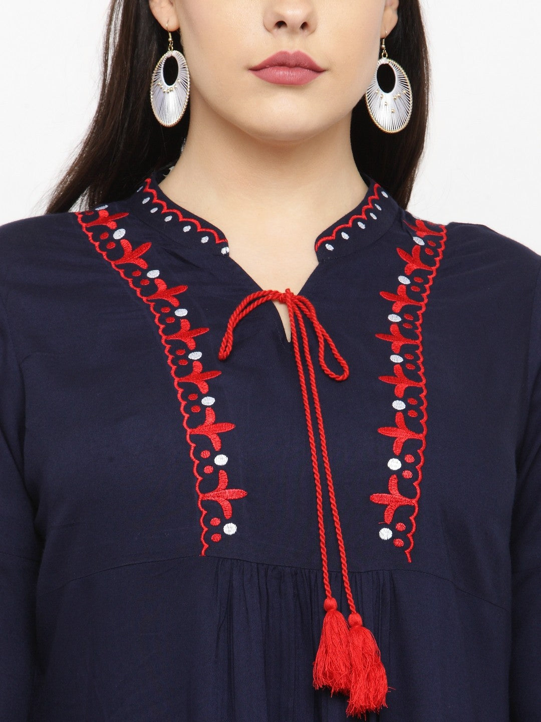 plusS Women Navy Blue Woven Design A-Line Kurta