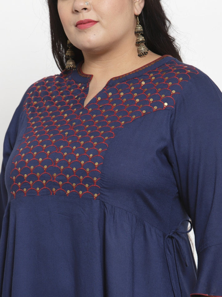 Navy Blue Embroidered A-Line Kurta