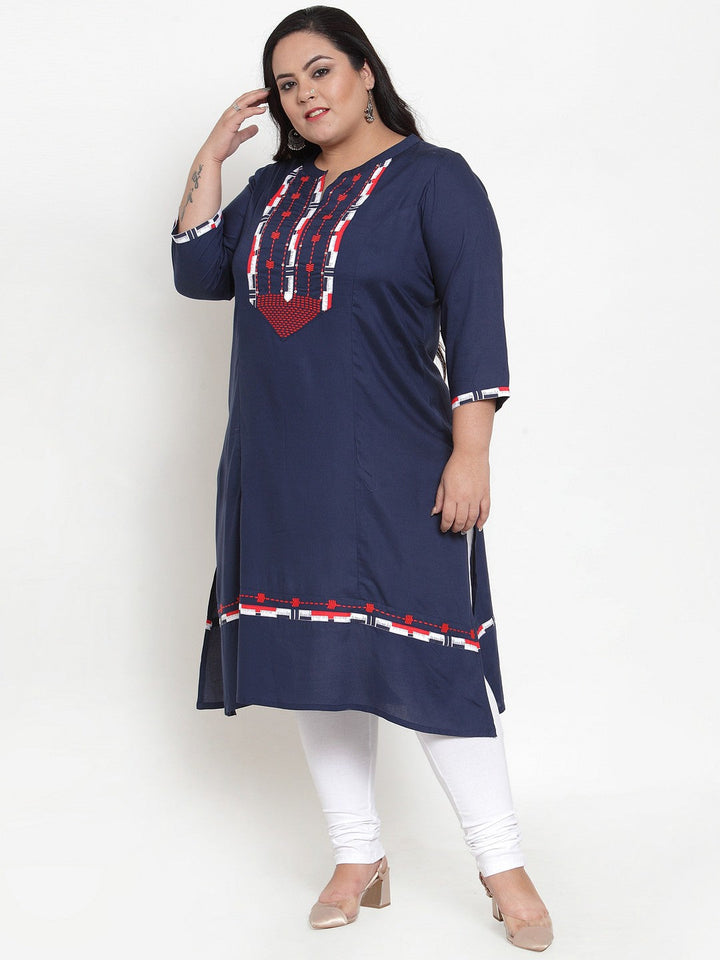 plusS Women Navy Blue  Red Yoke Design Straight Kurta