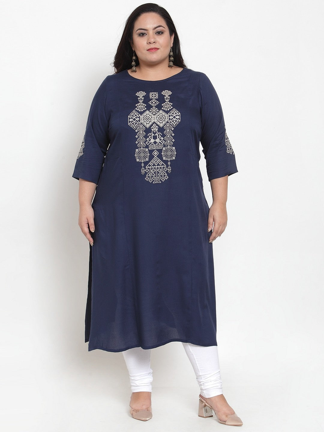 Women White & Navy Blue Straight Geometric Printed Kurta And Trousers Set
