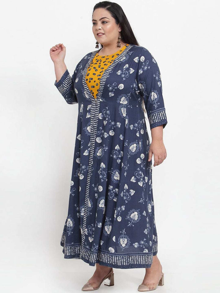 Mustard Yellow Floral Printed Layered Anarkali Kurta