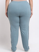 plusS Women Plus Size Blue Typography Printed Mid Rise Cotton Track Pants